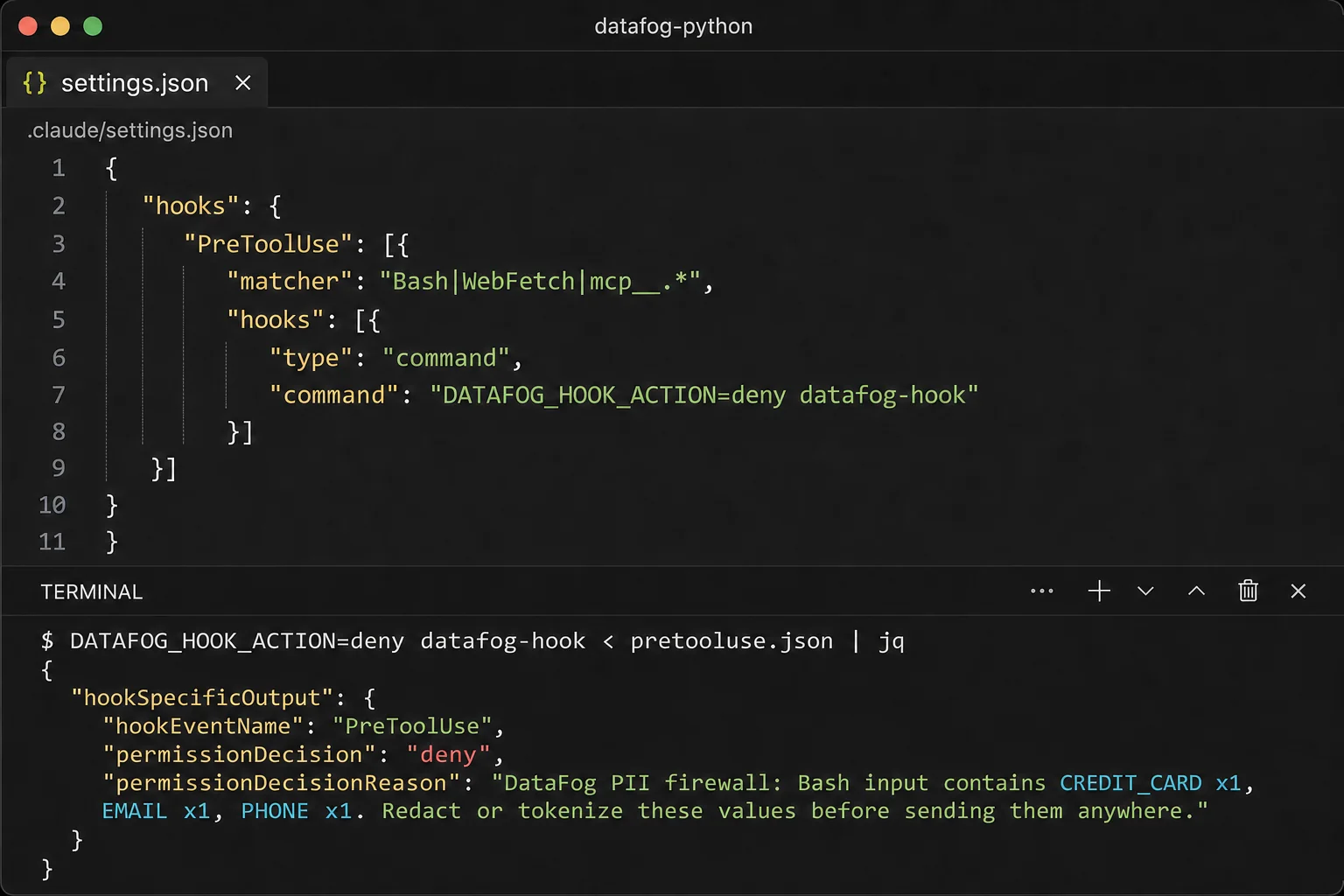 DataFog Claude Code PreToolUse hook denying a tool call after detecting credit card, email, and phone data