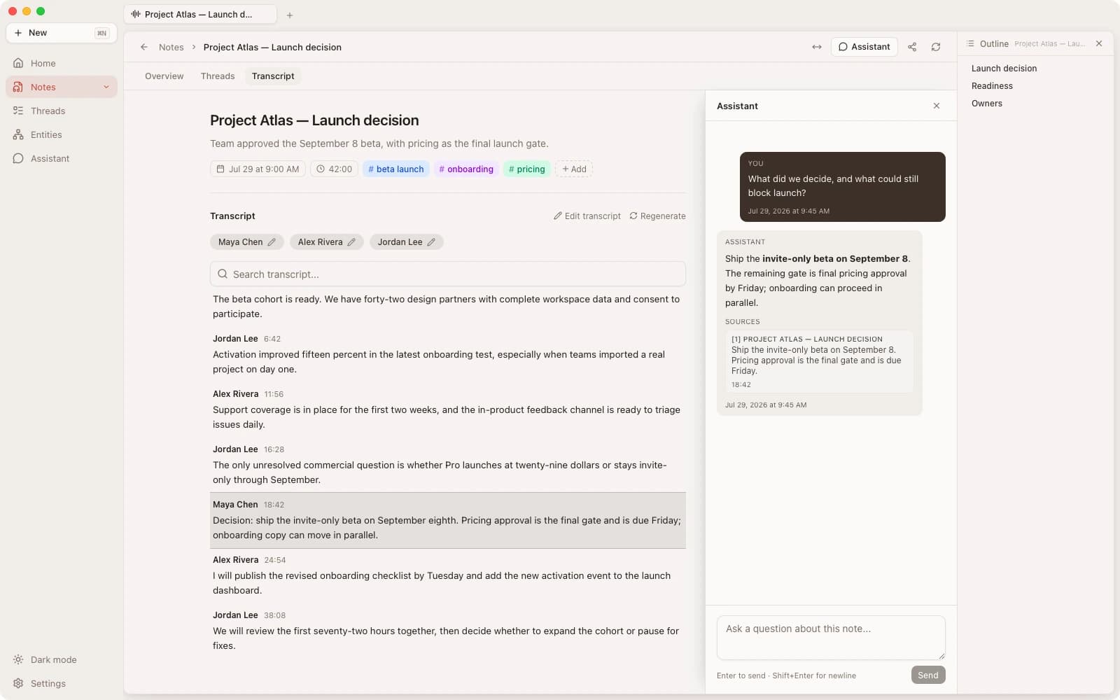 threadfork local-first AI workspace showing a launch decision transcript and cited assistant answer
